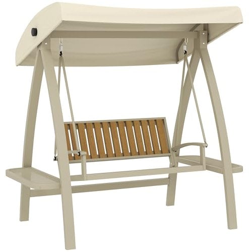 Outsunny Hollywoodschaukel 2-Sitzer Schaukelbank mit verstellbarem Sonnendach, Gartenschaukel mit Seitentisch, belastbar bis 240kg, für Terrasse, Garten, Beige, 200 x 120 x 190cm