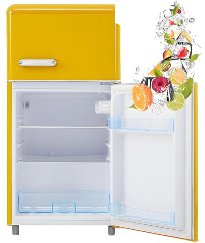Frigorífico retro con congelador, frigorífico de 72 litros con congelador de 21 litros, frigorífico pequeño con compartimento para verduras, 120 kWh/año, luz LED.,Yellow