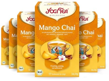 Yogi Tea Mango Chai, 6x17 Beutel (102 Teebeutel) | Ayurvedischer Früchtetee, mit Mango, Orange, Zimt, heiß oder kalt zu genießen