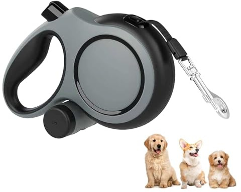 AFIODA Retractable Dog Lead 8m/26ft for Medium & Large Dogs up to 50kg, Heavy Duty Extendable Dog Leash with One-Hand Brake, 360° Tangle-Free Design, Non-Slip Handle & Poo Bag Holder (Grey)