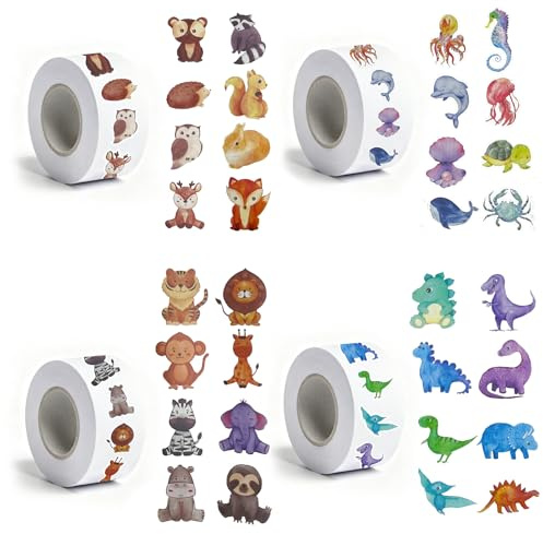 4 Roll Tier Sticker Kinder Stickers,Tieraufkleber Runde Cartoon Tier Aufkleber,Tiersticker Wasserdicht Tiersticker zum Aufkleben Kinder,Selbstklebende Stickerrolle für Scrapbook Laptop Trinkflasche