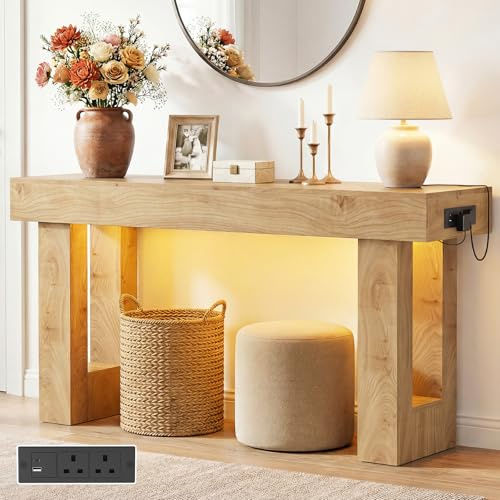 Console Table with Outlets & Motion Sensor LED, 120cm Narrow Behind Couch Sofa Table with USB Ports, Modern Hallway Entryway Table with Storage Space for Entrance Hall, Living Room, Natural Oak