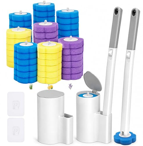 Toilet Brushes & Holders Set, 48pcs Disposable Toilet Brush Refills with 2 Holders 2 Toilets Wand, Wall Mounted Loo Brush Replacement with Disposable Head for Bowl Inside Bathroom Toilets Cleaners