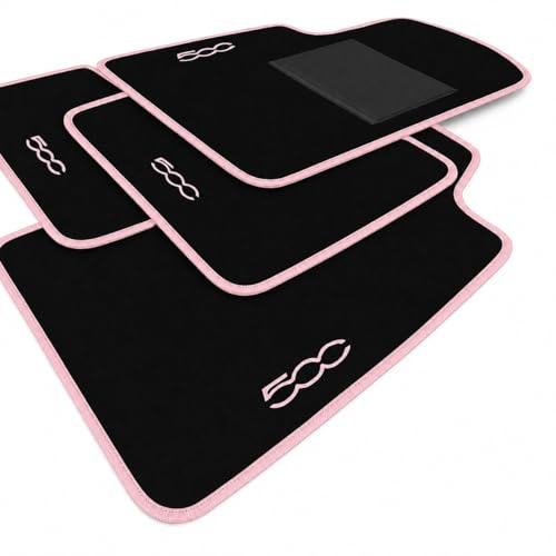 Tapisets de Voiture pour la 500 à partir de 2010 | Kit Complet de 4 Tapis de Voiture Brodés avec Bordure Rose Clair et Couture Rose Clair | Moquette de Haute Qualité | Fond Antidérapant | Seuil en PVC