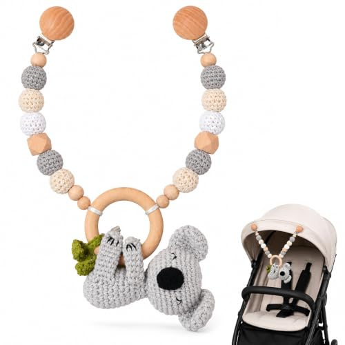 SGZIOO Chaîne De Poussette en Bois pour Bébé, Jouet avec Eléments en Crochet de Coton Jouet Siege Auto Suspendre Bébé Mobile Bois Animaux Landau Chaîne pour Bébés et Tout Petits de 0 à 36 Mois
