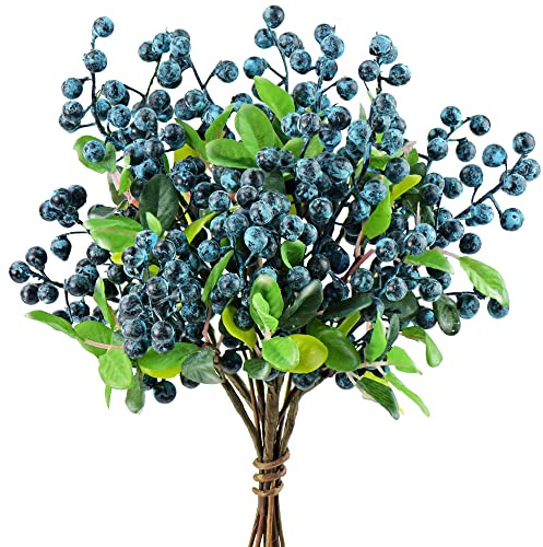 FiveSeasonStuff Artificial Flowers Real Touch Blue Berries Bouquet 10 Stems | for Wedding Home Christmas Shop Wedding Office Party Restaurant Décor | DIY Floral Arrangement Decorations 25cm