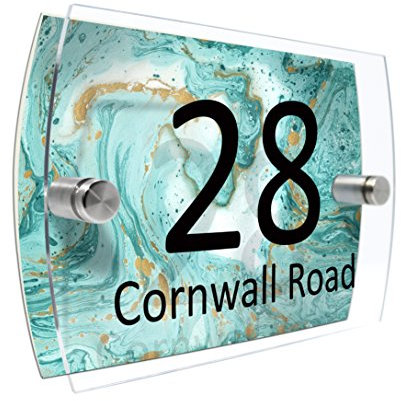 CS Printing House Number Sign Plaque Garden Glass Effect Acrylic Sign Door Plate Marble Wall Display 2 Part Branded Acrylic (Marble texture)