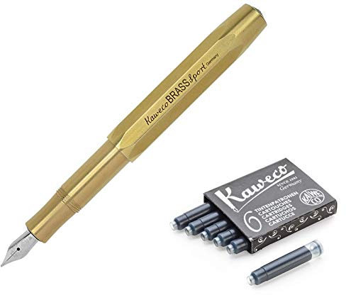 Kaweco AL Sport Fountain Pen (Medium Nib) Gift Set + Pack of 6 Black Ink Cartridges (Brass)