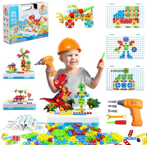jerryvon Mosaique Enfant Jeux Enfant 3 4 5 Ans,201 Jeu Construction Enfant Avec Perceuse Visseuse Enfant Et 3D Puzzle Dinosaure Jeux Loisir Créatif Pour Cadeau Paques Enfant Garcon 2 3 4 5 6 Ans
