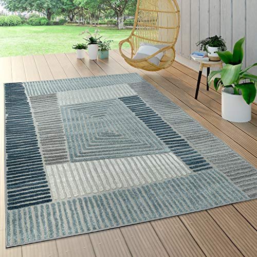 Paco Home Outdoor Teppich Wetterfest Wohnzimmer Balkon Küche Orientalisch Ornament Skandinavisch Geometrisches Muster 3D Effekt Modern, Grösse:160x230 cm, Farbe:Blau