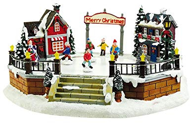 CARILLON VILLAGGIO NATALIZIO con PISTA DI PATTINAGGIO SU GHIACCIO con 8 DIVERSE MELODIE NATALE LUCI LED E BIMBI PATTINATORI 60033