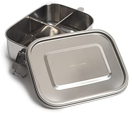 New Living Leak Proof Stainless Steel Lunch Box | Bento Box | 800ml & 1200ml | Optional Dividers | Leakproof Silicone Seal | Food Storage Container (800ml, 2 Dividers)