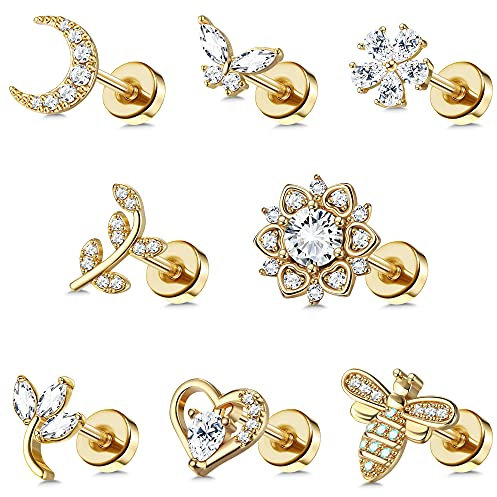 Milacolato 8 Pièces 16G Acier Inoxydable Tragus Boucles d'oreilles pour Femmes Hommes Cartilage Helix Piercing Bijoux Lèvres Anneaux Nez Labret Goujons Or Rose
