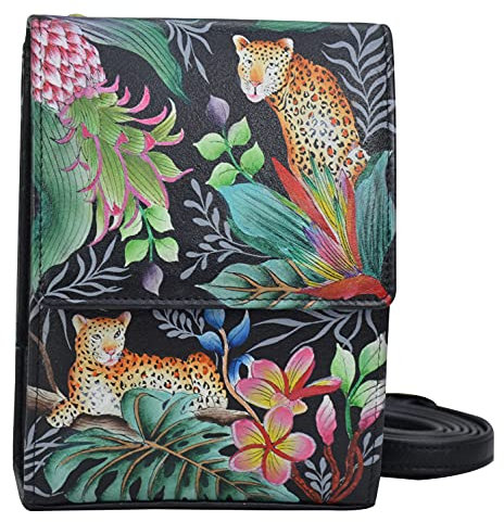 Anuschka Handbemalte Crossbody Organizer Tasche mit 3 Fächern aus echtem Leder - Jungle Queen