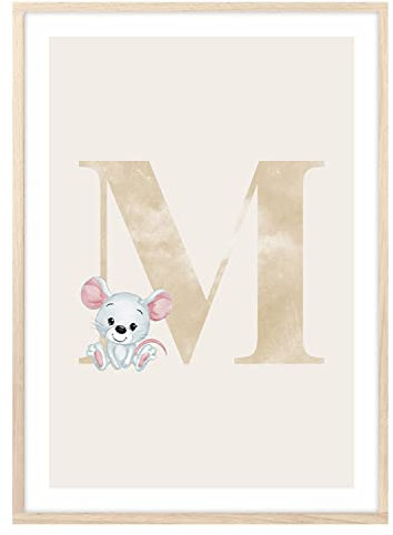MeinBaby123® Buchstaben Poster DIN A4 Kinderzimmer Mädchen und Junge | Babyzimmer Deko | Bilder Kinderzimmer | Geschenkideen zur Geburt | Anfangsbuchstabe M (süße Maus)