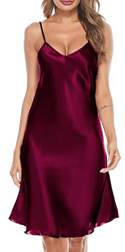 Wikoan Nattlinne, damer, sexig, negligé, babydoll, satin, v-ringad, nattkläder, sommar, med nattklänning, justerbara remmar, A-vinröd, 3XL