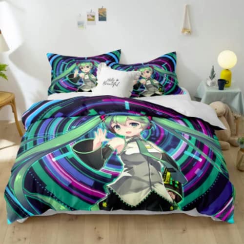 YuZong Hatsune Miku Bettwäsche aus weichem Polyester dreiteilig Anime-Bettbezug Kissenbezug Anime-Figuren Cartoon-Kinder Kinder Teenager Erwachsene