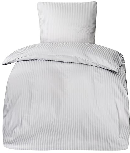 MOON - Luxury Damast Bettwäsche Set mit Reißverschluss - 135x200 + 80x80 cm - 10mm Streifen - 100% Baumwolle (Silber)
