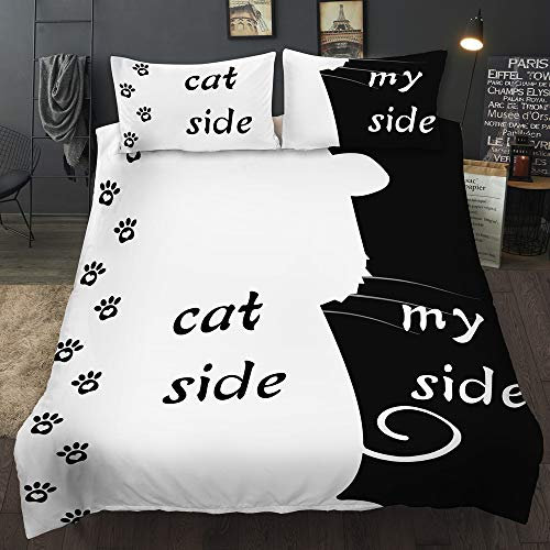 AOXHFNV Bettwäsche-Set aus der Schwarz-Weiß-Serie Dog Side and My Side Motiv Bettbezug Paar Bettwäsche Set Schwarz Weiß Doppelbett (Cat Side, 135×200cm)