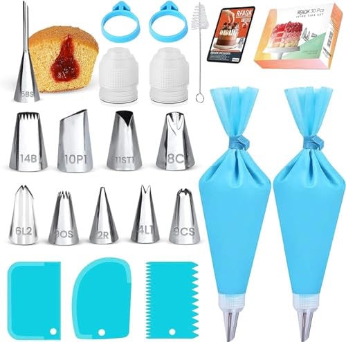 RFAQK 30 PCs Piping Bags and Nozzles-16 Numbered Piping Nozzle & 10 Piping Bag Disposable with Pattern Chart & EBook-Icing Bags and Nozzles Set-Cupcake Cookie Decorating Tips Piping Kit & Baking Tools
