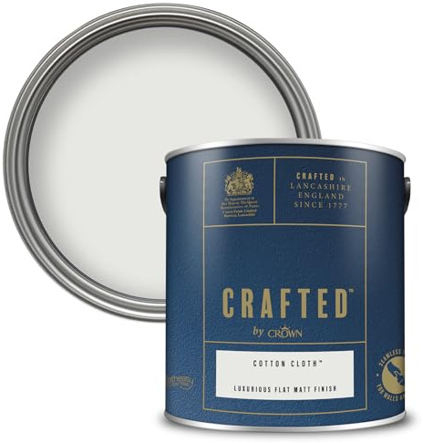 Crown CRAFTED Cotton Cloth Matt Emulsion White Paint 2.5L | Soft White Grey velvety flat matt finish for interior walls, ceilings & wood. Soft to touch, hides imperfections, low VOC