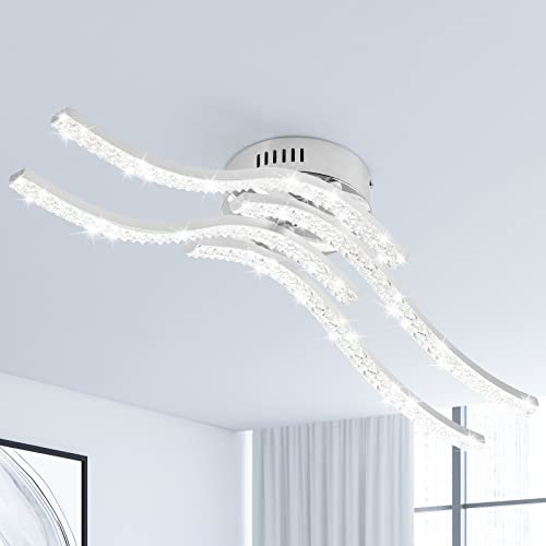 Zewanny LED Deckenleuchte, Acryl Wellenförmige Deckenlampe 4 Parallel Flammige 32W 5500K Kaltesweiß 3520 Lumen Deckenleuchte für Esszimmer Wohnzimmer, Schlafzimmer, Küchenflur, Schlafzimmer(Chrom)