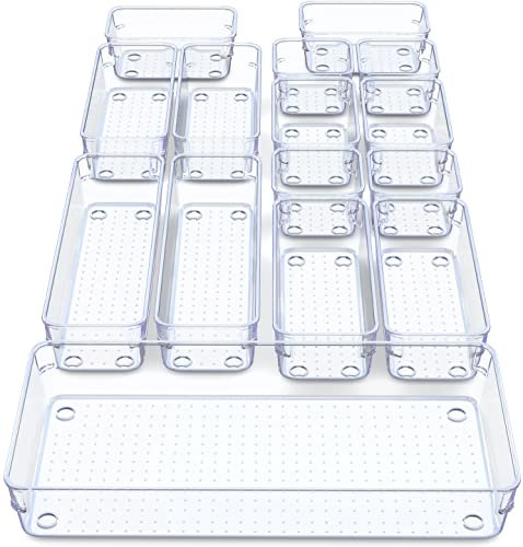 Unique Impression Set of 15 Drawer Organiser Tray – Clear Drawer Dividers for Make up - Desk Drawer Organisers Containers for Bedroom, Bathroom, Office, Kitchen for Cosmetics, Stationery, Cutlery