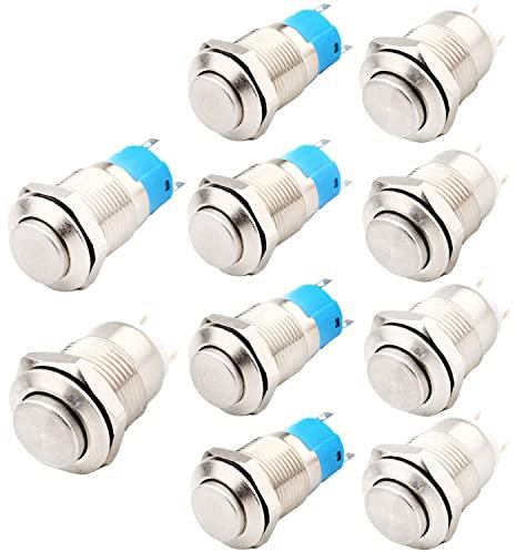 RUNCCI-YUN 10pcs wasserdichte Drucktaster Verriegelung, 12mm Metall Drucktastenschalter ,Edelstahl,12V Momentanen Druckschalter, für hupen, Klingel,Auto Runde Mini Drücken Taster (Hervorstehend)