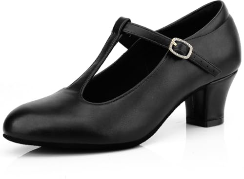 Women's T-Strap Character Shoes Latin Ballroom Dance Heels Black Wedding Pumps, Black, 5 UK