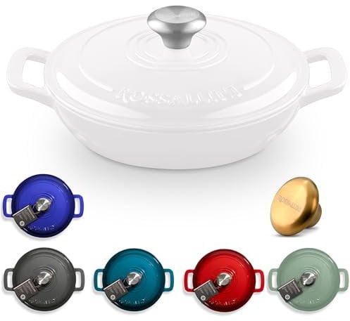 ROSSALLINI Signature Enameled Cast Iron Braiser, Non-Stick Serving Pot with Tight Fitting Lid for Perfect Roasting, Baking, Sauteing, Searing, and Pan Frying | 2.25Q (2.1L) - White