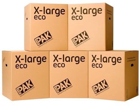 StorePAK Eco Boxes with Carry Handles - Suitable for Storage, Shipping, Packing & Moving House - 116 Litres - H 55cm x W 46cm x D 46cm - 100% Recycled & Recyclable - X-Large Pack of 5