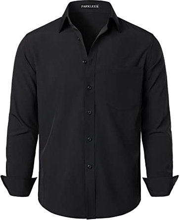 PARKLEES Men's Regular Fit Dress Shirt Solid Wrinkle-Free Long Sleeve Casual Business Button Up Shirts with Pocket PZSSCL05-Black M