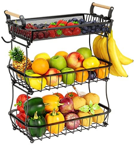 Cesta de frutas de 3 niveles con 2 ganchos de plátano para encimera de cocina, soporte de almacenamiento de productos de encimera de verduras, aperitivo, negro