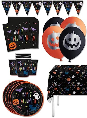 Funidelia | Kit decoración de fiesta de Halloween calabaza Premium para 8 personas - Happy Halloween ▶ Decoración para fiestas de cumpleaños, fiestas de disfraces, Halloween y Carnaval - Naranja