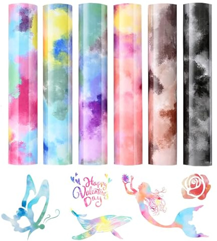 6 Blatt Aquarell Transferfolie Textil, Bügelfolie für Plotter, 25 x 30.5 cm | Aquarell Muster Flexfolie, PU Textiltransferfolie Vinylfolie Plotter, Plotterfolie Textil, für T-Shirts und DIY-Projekte