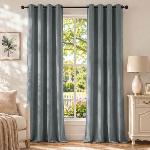 Ystyle Verdunklungsvorhänge mit Ösen Samt 2er Set, 140×240 cm, Grau | Thermovorhang Hitzeschutz für Wohnzimmer, 100% Blickdichte Vorhänge Schlafzimmer, Weich Modern Gardinen Blickdicht