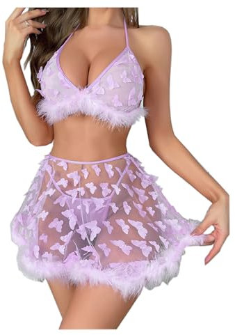 Faxianther 3-teiliges Sexy 3D Dessous Set Damen Unterwäsche Sexy Strapsen Lingerie BH Durchsichtige Rock Dessous mit Schmetterling und Federn Reizwäche Outfit Babydoll Bodysuit Nachtwäsche Kostüm Set