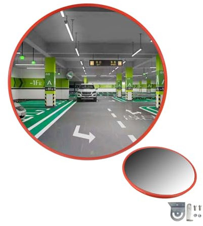 Espejo convexo de 60 cm de diámetro, espejo de seguridad, 130 grados, gran angular, para garaje y entrada, espejo de garaje con soporte, resistente a la intemperie, color naranja