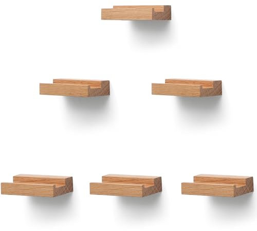 PHOENANCEE Solid Oak Wood, Record Wall Mount Shelf, Record Display Holder for LP Storage, Easy Install Floating Shelves(Nature Wood, Set of 6)