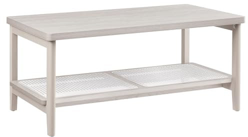 VASAGLE Couchtisch 2 Ebenen, Wohnzimmertisch mit Stauraum, Tisch Wohnzimmer, Sofatisch mit Ablage aus PVC-Rattan, abgerundete Ecken, Boho-Stil, haferflockenbeige LCT240K66