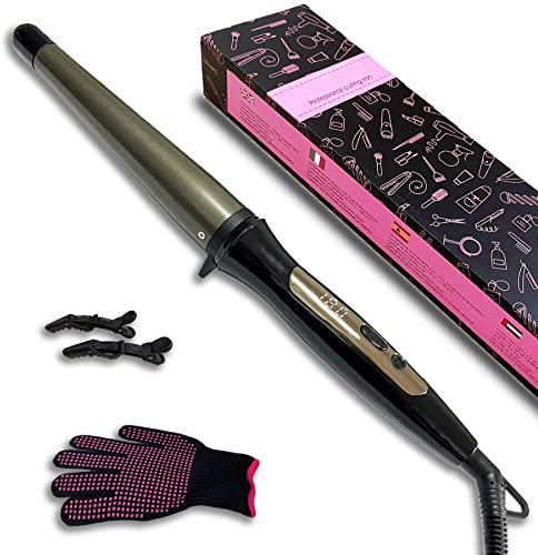 Rizador de Pelo Profesional, YEAHTOP Tenacilla Cónica de 20-32mm para Crear Ondas Grandes y Sueltas, Temperatura Ajustable 80°C - 210°C, Pantalla Digital, Punta Fría, con Guante y Pinzas (Marrón)
