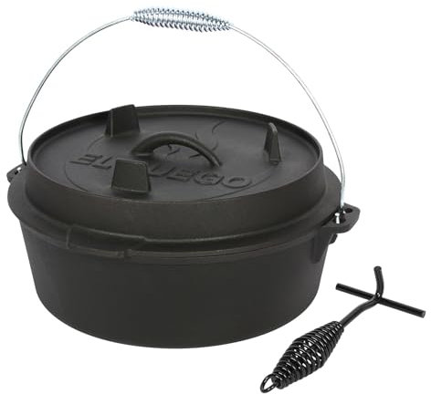 Dutch Oven 7,3 Liter von El Fuego®, 100% Gusseisen, inkl. Schürhaken und Tragebügel, Camping & Outdoor