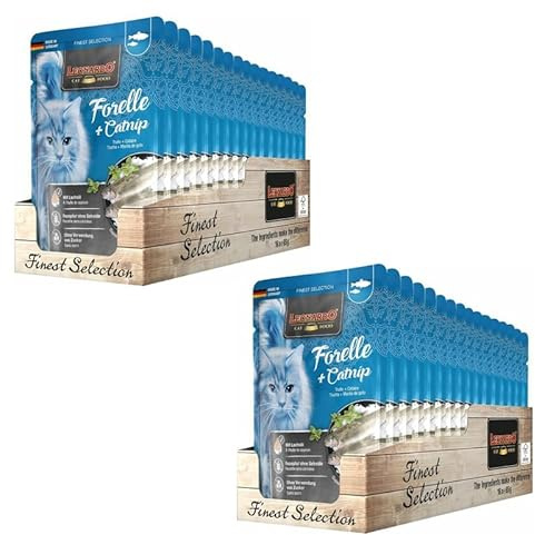 LEONARDO Katzenfutter nass Forelle & Catnip, 2X 16 Beutel à 85 g, Finest Selection, Nassfutter für ausgewachsene Katzen ohne Zucker und Getreide, bei Futterunverträglichkeiten