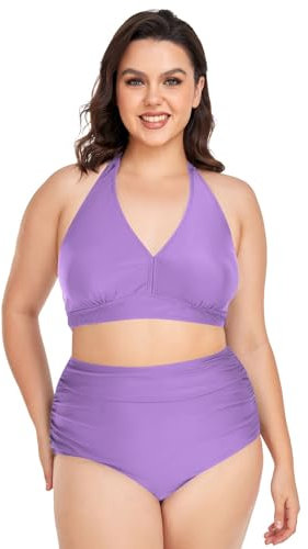Damen-Bikini-Set, Übergröße, Neckholder, hohe Taille, großer Eimer, Flieder, Raffhalter, geknoteter Badeanzug, Lavendel, X-Large Mehr