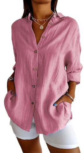 Onsoyours Chemise Femme Coton Chemisier Col en V Bouton Manches Longues Tops Couleur Unie LâChe Respirant T-Shirts Grande Taille Casual Tunique Blouse pour Le Bureau A Rose XXL