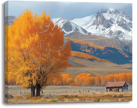 Piy Painting Impression sur Toile paysage, Peinture sur toile arbre jaune, Tableau Decoration Murale, Automne Art mural sur toile pour Chambre Salle de yoga, Cadre en bois intégré, 40x30cm