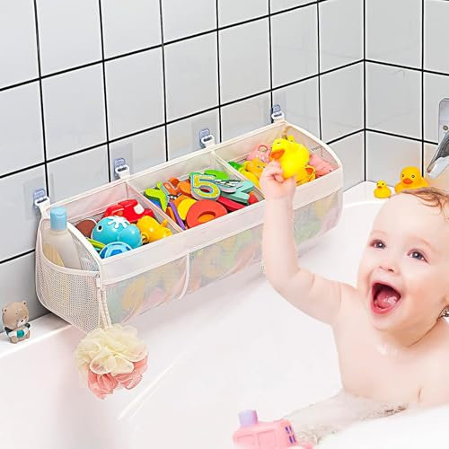 Bolsa de almacenamiento para juguetes de bañera, organizador colgante, bolsa de almacenamiento para juguetes de baño, almacenamiento para baño, ideal para baños (blanco)