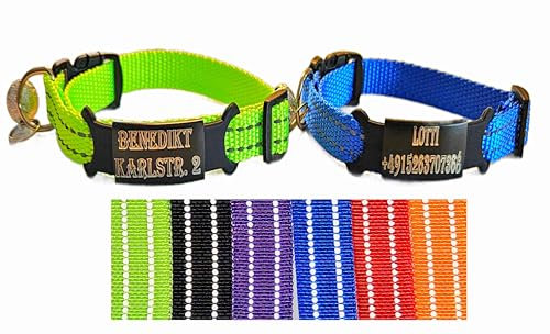 2X personalisiertes Katzenhalsband personalisiert mit Name graviert Katze Halsband reflektierend Leuchtend aus Nylon mit Glöckchen (Blau und Neon gelb)