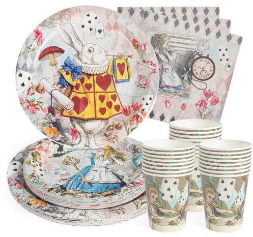PARTY GO Lot de 96 assiettes de fête vintage Alice pour anniversaire, fête, comprend assiettes en carton, serviettes, couverts pour fête d'anniversaire, décoration de fête prénatale, 24 invités