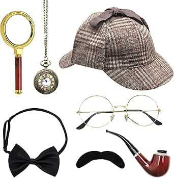 UOCAI Sherlock Holmes - Set di 7 accessori per costume da detective, occhiali finti baffi, lente d'ingrandimento, papillon detective, accessori per cosplay, carnevale, cosplay